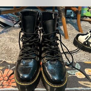 LAURENNE DISTRESSED PATENT LEATHER LACE UP HEEL BOOTS